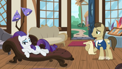 Size: 1920x1080 | Tagged: safe, screencap, character:davenport, character:rarity, species:earth pony, species:pony, species:unicorn, episode:it isn't the mane thing about you, g4, my little pony: friendship is magic, couch, discovery family logo, draw me like one of your french girls, fainting couch, female, lamp, lidded eyes, male, mare, quill, quills and sofas, scroll, stallion, titanic