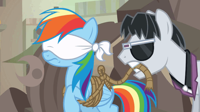Size: 640x360 | Tagged: safe, screencap, character:rainbow dash, character:withers, species:earth pony, species:pegasus, species:pony, episode:daring done, animated, blindfold, blindfolded, duo, female, gif, henchmen, male, mare, pull start, rainbond dash, rope, somnambula (location), stallion, tied up