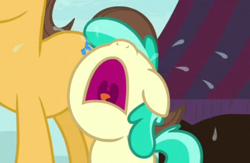 Size: 410x267 | Tagged: safe, screencap, character:caramel, character:mint flower, episode:it isn't the mane thing about you, g4, my little pony: friendship is magic, cropped, crying, nose in the air, volumetric mouth