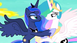 Size: 2048x1139 | Tagged: safe, screencap, character:princess celestia, character:princess luna, species:alicorn, species:pony, episode:a royal problem, g4, my little pony: friendship is magic, lidded eyes, out of context, royal sisters, sisterly love, swapped cutie marks