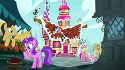 Size: 1280x720 | Tagged: safe, screencap, character:amethyst star, character:cherry cola, character:lily, character:lily valley, character:piña colada, character:sparkler, species:earth pony, species:pony, species:unicorn, episode:not asking for trouble, g4, my little pony: friendship is magic, apple, background pony, carrot, female, filly, food, male, mare, piña cutelada, ponyville, stallion, sugarcube corner, vegetable stand