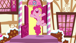 Size: 1280x720 | Tagged: safe, screencap, character:pinkie pie, species:earth pony, species:pony, episode:not asking for trouble, g4, my little pony: friendship is magic, arms in the air, female, happy, jumping, mare, open mouth, smiling, solo, sugarcube corner