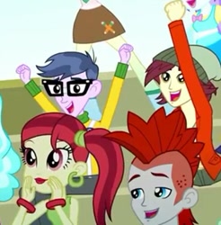 Size: 493x501 | Tagged: safe, screencap, character:microchips, character:normal norman, eqg summertime shorts, my little pony:equestria girls, background human, crimson napalm, cropped, offscreen character
