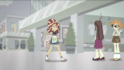 Size: 1136x640 | Tagged: safe, screencap, character:scribble dee, character:sunset shimmer, character:velvet sky, episode:good vibes, eqg summertime shorts, g4, my little pony:equestria girls, alternate hairstyle, background human, canterlot mall, geta, sandals, sunset sushi, velvet sky