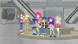 Size: 1920x1080 | Tagged: safe, screencap, character:applejack, character:flash sentry, character:fluttershy, character:pinkie pie, character:rainbow dash, character:rarity, character:sunset shimmer, character:twilight sparkle, character:twilight sparkle (scitwi), species:eqg human, episode:good vibes, eqg summertime shorts, g4, my little pony:equestria girls, alternate hairstyle, baseball cap, best friends, cap, clothing, converse, escalator, food, fountain, hat, mall, ponytail, shoes, smoothie, sneakers, sunset sushi, sushi, zettai ryouiki