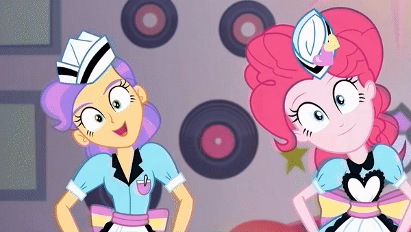 Size: 600x338 | Tagged: safe, screencap, character:pinkie pie, episode:coinky-dink world, eqg summertime shorts, g4, my little pony:equestria girls, animated, dancing, diner uniform, doo wop, gif, looking at you, milkshake malt, server pinkie pie, sunny sugarsocks, sweet snacks cafe, tip top, waitress