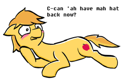 Size: 928x584 | Tagged: safe, artist:niteax, character:braeburn, blushing, braebetes, cute, embarrassed, hatless, lying down, missing accessory, solo
