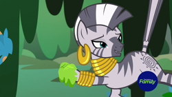 Size: 1920x1080 | Tagged: safe, screencap, character:zecora, species:pony, species:zebra, episode:a health of information, g4, my little pony: friendship is magic, balancing, bracelet, criss cross moss, ear piercing, earring, female, jewelry, lidded eyes, lip bite, looking back, mare, moss, necklace, out of context, piercing, raised hoof, raised leg, raised tail, smiling, solo, strategically covered, swamp fever plant, tail
