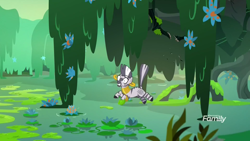 Size: 1920x1080 | Tagged: safe, screencap, character:zecora, species:pony, species:zebra, episode:a health of information, g4, my little pony: friendship is magic, ear piercing, earring, everfree forest, falling, female, jewelry, mare, piercing, solo, swamp, swamp fever plant, water, wide eyes
