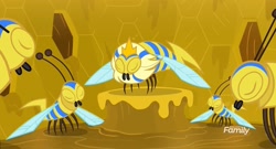 Size: 1919x1039 | Tagged: safe, screencap, episode:a health of information, g4, my little pony: friendship is magic, bee, beehive, eyes closed, flash bee, honeycomb (structure), insect, queen, queen bee