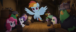 Size: 1280x538 | Tagged: safe, screencap, character:applejack, character:boyle, character:fluttershy, character:lix spittle, character:mullet, character:murdock, character:pinkie pie, character:rainbow dash, character:rarity, character:spike, species:dragon, species:pony, my little pony: the movie (2017), parrot pirates, pirate