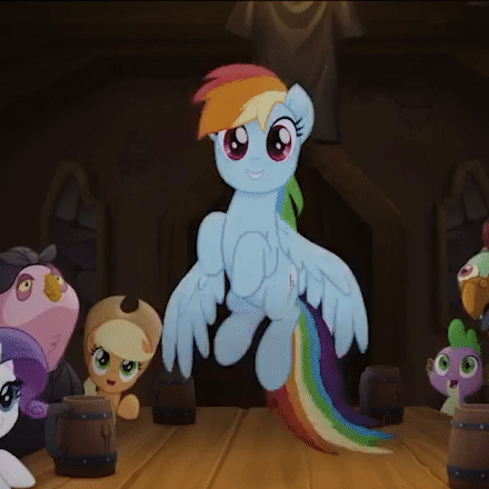 Size: 440x440 | Tagged: safe, screencap, character:applejack, character:lix spittle, character:murdock, character:rainbow dash, character:rarity, character:spike, species:dragon, species:pony, my little pony: the movie (2017), animated, cropped, cute, dashabetes, female, flying, gif, heart, hoof heart, male, mare, parrot pirates, pirate, singing, solo focus, time to be awesome, underhoof
