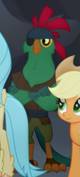 Size: 363x801 | Tagged: safe, screencap, character:applejack, character:mullet, character:princess skystar, species:classical hippogriff, species:hippogriff, my little pony: the movie (2017), basalt beach, cropped, crossed arms, eyepatch, male, parrot pirates, pirate, solo focus