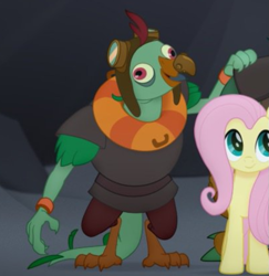 Size: 609x627 | Tagged: safe, screencap, character:fluttershy, character:murdock, species:pony, my little pony: the movie (2017), parrot pirates, pirate, prosthetic beak