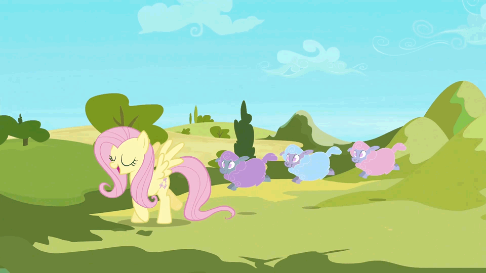 Size: 960x540 | Tagged: safe, screencap, character:fluttershy, species:pegasus, species:pony, species:sheep, episode:the crystal empire, g4, my little pony: friendship is magic, animated, bipedal, cute, ewe, eyes closed, female, happy, mare, open mouth, pronking, running, shyabetes, smiling, spread wings, the ballad of the crystal empire, tiny ewes, wings