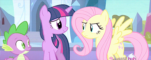 Size: 500x200 | Tagged: safe, screencap, character:fluttershy, character:pinkie pie, character:spike, character:twilight sparkle, character:twilight sparkle (unicorn), species:pony, species:unicorn, episode:pinkie spy, episode:the crystal empire, g4, my little pony: friendship is magic, my little pony:equestria girls, animated, clothing, crystal empire, disguise, fluttershy suit, pony costume, voice actor joke