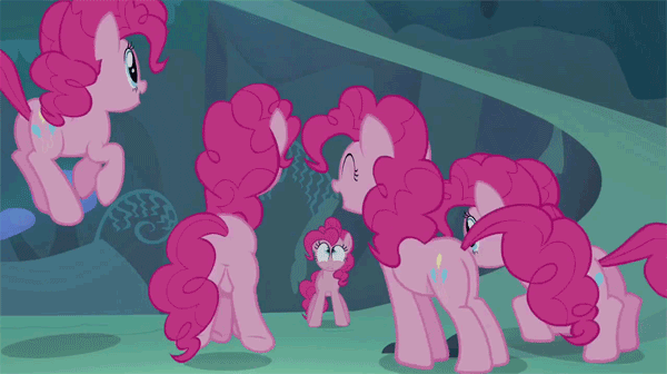 Size: 600x336 | Tagged: safe, screencap, character:pinkie pie, episode:too many pinkie pies, g4, my little pony: friendship is magic, animated, clone, fun fun fun, loop, multeity, pinkie clone, plot, too much pink energy is dangerous