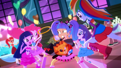 Size: 1366x768 | Tagged: safe, screencap, character:pinkie pie, character:rainbow dash, character:rarity, character:twilight sparkle, episode:a photo booth story, eqg summertime shorts, g4, my little pony:equestria girls, background human, evil grin, excited, fall formal outfits, gotcha, grin, happy, imma snuggle you, imminent hape, imminent snuggles, mask, scared, smiling, smirk, this will end in hape, this will end in snuggles, this will end in tears, want