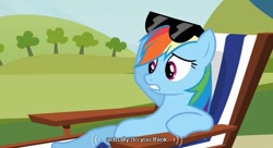 Size: 639x348 | Tagged: safe, screencap, character:rainbow dash, episode:too many pinkie pies, g4, my little pony: friendship is magic, beach chair, sunglasses, youtube caption