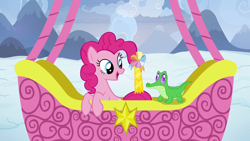 Size: 1280x720 | Tagged: safe, screencap, character:gummy, character:pinkie pie, species:pony, episode:not asking for trouble, g4, my little pony: friendship is magic, ambassador badge, hot air balloon, twinkling balloon