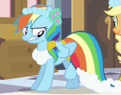 Size: 414x327 | Tagged: safe, screencap, character:applejack, character:rainbow dash, species:earth pony, species:pegasus, species:pony, episode:a canterlot wedding, g4, my little pony: friendship is magic, animated, annoyed, bridesmaid dress, clothing, dress, duo, duo female, female, flower, gif, looking back, looking down, mare, rainbow dash always dresses in style, solo focus