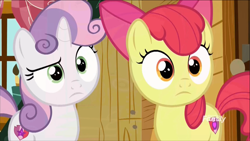 Size: 1320x742 | Tagged: safe, screencap, character:apple bloom, character:sweetie belle, episode:marks and recreation, g4, my little pony: friendship is magic, discovery family logo