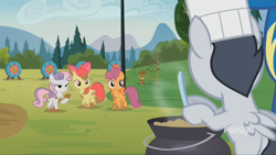 Size: 1280x720 | Tagged: safe, screencap, character:apple bloom, character:rumble, character:scootaloo, character:sweetie belle, species:pegasus, species:pony, episode:marks and recreation, g4, my little pony: friendship is magic, chef, chef's hat, clothing, colt, cutie mark crusaders, hat, male, mud