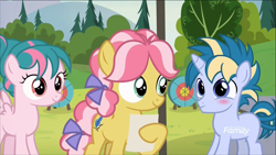 Size: 1320x742 | Tagged: safe, screencap, character:kettle corn, character:skeedaddle, character:tulip swirl, species:pony, episode:marks and recreation, g4, my little pony: friendship is magic, blushing, discovery family logo, shipping fuel