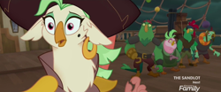 Size: 1920x800 | Tagged: safe, screencap, character:boyle, character:captain celaeno, character:lix spittle, character:mullet, character:murdock, species:anthro, my little pony: the movie (2017), discovery family logo, parrot pirates, pirate, scared