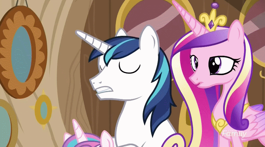 Size: 849x472 | Tagged: safe, screencap, character:night light, character:princess cadance, character:princess flurry heart, character:shining armor, character:twilight velvet, species:pony, episode:once upon a zeppelin, g4, my little pony: friendship is magic, animated, gasp, gif, raised eyebrow