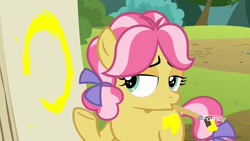 Size: 1600x900 | Tagged: safe, screencap, character:kettle corn, species:earth pony, species:pony, episode:marks and recreation, g4, my little pony: friendship is magic, bedroom eyes, bow, circle, circle painting, covered cutie mark, female, filly, foal, hair bow, lidded eyes, looking at you, mouth hold, paintbrush, painting, shrug, solo, whatever