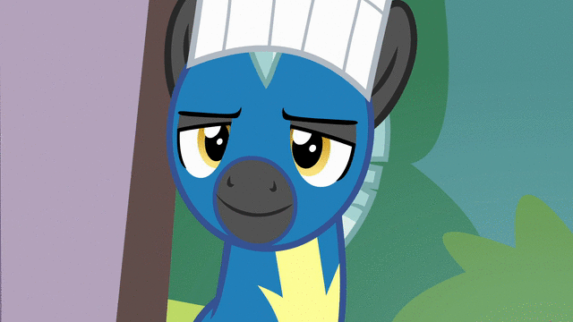 Size: 640x360 | Tagged: safe, screencap, character:thunderlane, species:pegasus, species:pony, episode:marks and recreation, g4, my little pony: friendship is magic, animated, chef's hat, clothing, eyebrow wiggle, gif, hat, male, reaction image, solo, stallion, uniform, wonderbolts uniform