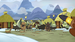 Size: 1280x720 | Tagged: safe, screencap, species:yak, episode:not asking for trouble, g4, my little pony: friendship is magic, braided beard, calf, cloven hooves, female, hair over eyes, hut, male, mountain, mountain range, stomping, yak calf, yakyakistan, yickslubertfest
