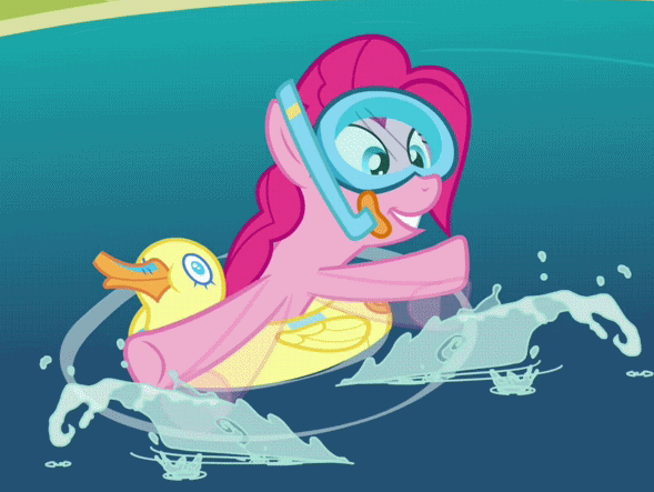 Size: 589x443 | Tagged: safe, screencap, character:pinkie pie, species:duck, episode:too many pinkie pies, g4, my little pony: friendship is magic, animated, flailing, goggles, inflatable, inner tube, pond, pool toy, snorkel, solo, splashing, swimming goggles, wet mane