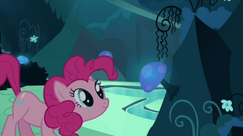 Size: 480x270 | Tagged: safe, screencap, character:pinkie pie, species:earth pony, species:pony, episode:too many pinkie pies, g4, my little pony: friendship is magic, animated, cave, cave pool, eating, eyes closed, eyes on the prize, female, floppy ears, gif, glow, glowing mushroom, grin, looking at something, mare, mirror pool, mushroom, nom, open mouth, puffy cheeks, smiling, solo