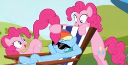 Size: 1362x697 | Tagged: safe, screencap, character:pinkie pie, character:rainbow dash, episode:too many pinkie pies, g4, my little pony: friendship is magic, beach chair, clone, pinkie clone, sunglasses