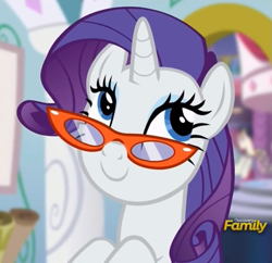Size: 783x757 | Tagged: safe, screencap, character:rarity, species:pony, species:unicorn, episode:canterlot boutique, g4, my little pony: friendship is magic, cute, discovery family, discovery family logo, female, glasses, mare, raribetes, solo