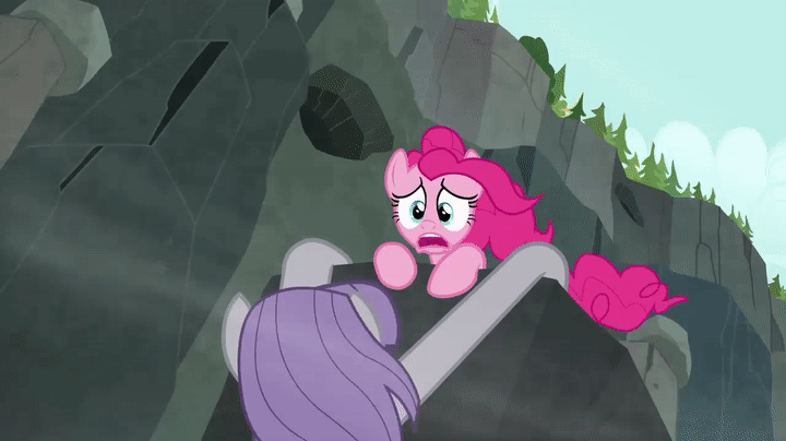Size: 720x404 | Tagged: safe, screencap, character:maud pie, character:pinkie pie, species:earth pony, species:pony, episode:rock solid friendship, g4, my little pony: friendship is magic, animated, cave, ghastly gorge, gif, log, quarray eel, wind, windswept mane