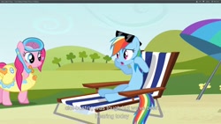 Size: 1920x1080 | Tagged: safe, screencap, character:pinkie pie, character:rainbow dash, episode:too many pinkie pies, g4, my little pony: friendship is magic, beach chair, sunglasses, wet mane, youtube caption