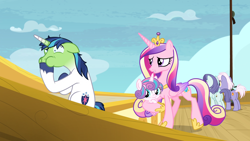 Size: 1920x1080 | Tagged: safe, screencap, character:princess cadance, character:princess flurry heart, character:shining armor, species:alicorn, species:pony, species:unicorn, episode:once upon a zeppelin, g4, my little pony: friendship is magic, airship, airsick, airsick armor, amused, female, green face, hoof shoes, male, mare, sick, stallion, unshorn fetlocks, zeppelin