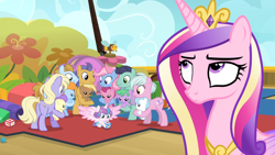 Size: 1920x1080 | Tagged: safe, screencap, character:coconut palm, character:cranberry pit, character:cream puff, character:ginger tea, character:grape stem, character:opulence, character:princess cadance, character:princess flurry heart, character:stratus wind, species:alicorn, species:earth pony, species:pony, episode:once upon a zeppelin, g4, my little pony: friendship is magic, airship, baby, baby pony, background pony, cadance is not amused, cloudy winds, cotton chip, eyeroll, female, las pegasus resident, male, mare, power chord, stallion, sun cloche, unamused, unnamed pony, zeppelin