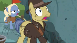 Size: 759x426 | Tagged: safe, screencap, character:gentiana, species:earth pony, species:pony, episode:shadow play, g4, my little pony: friendship is magic, clothing, derp, fedora, female, filly, hat, indiana jones, indiana pones, jacket, male, shocked, stallion