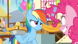 Size: 1280x720 | Tagged: safe, screencap, character:pinkie pie, character:rainbow dash, episode:secrets and pies, g4, my little pony: friendship is magic, balloon, decoration, food, messy, party, pie, town hall