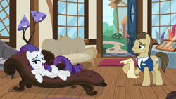 Size: 1920x1080 | Tagged: safe, screencap, character:davenport, character:rarity, species:earth pony, species:pony, species:unicorn, episode:it isn't the mane thing about you, g4, my little pony: friendship is magic, fainting couch, female, lamp, male, mare, quill, quills and sofas, stallion