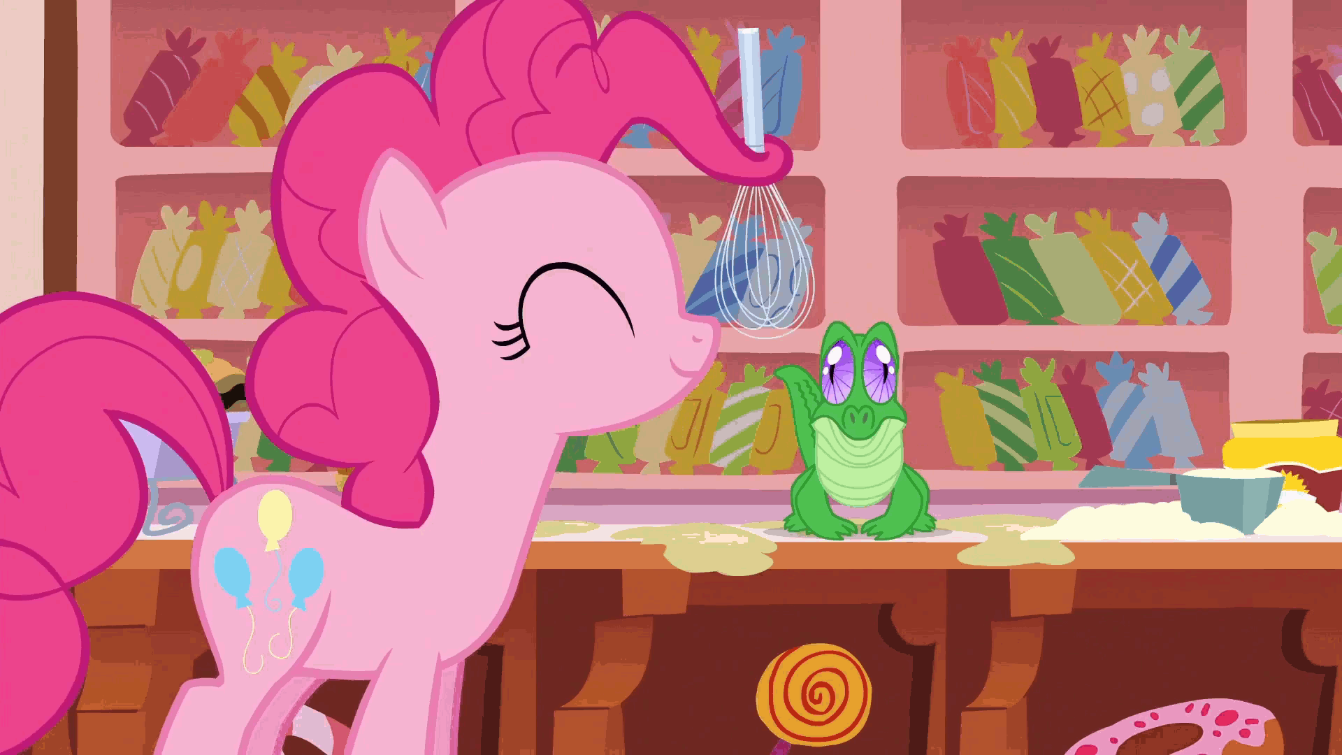 Size: 1920x1080 | Tagged: safe, screencap, character:gummy, character:pinkie pie, episode:the lost treasure of griffonstone, g4, my little pony: friendship is magic, animated, bakery, baking, baking powder, countertop, gif, happy, kitchen, mix, pinkie being pinkie, prehensile mane, stir, sugarcube corner, talking, whisk