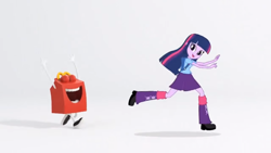Size: 1366x768 | Tagged: safe, screencap, character:twilight sparkle, my little pony:equestria girls, adoracreepy, advertisement, chase, creepy, crying inside, cute, happy, happy (mcdonalds), jesus christ how horrifying, mcdonald's, missing cutie mark, nightmare fuel, running, smiling, twiabetes