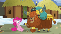 Size: 1280x720 | Tagged: safe, screencap, character:pinkie pie, character:prince rutherford, species:earth pony, species:pony, species:yak, episode:not asking for trouble, g4, my little pony: friendship is magic, cloven hooves, crown, ear piercing, earring, female, horn ring, hut, jewelry, male, piercing, regalia, sitting, yakyakistan