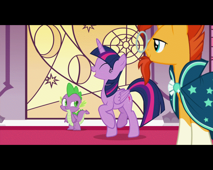 Size: 720x576 | Tagged: safe, screencap, character:spike, character:sunburst, character:twilight sparkle, character:twilight sparkle (alicorn), species:alicorn, species:dragon, species:pony, episode:shadow play, g4, my little pony: friendship is magic, adorkable, animated, cute, dork, gif, happy, trotting, trotting in place