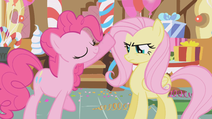 Size: 720x405 | Tagged: safe, screencap, character:fluttershy, character:pinkie pie, species:earth pony, species:pegasus, species:pony, episode:griffon the brush-off, animated, annoyed, duo, duo female, female, gif, head pat, mare, pat, sugarcube corner