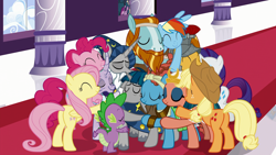 Size: 1920x1080 | Tagged: safe, screencap, character:applejack, character:flash magnus, character:fluttershy, character:meadowbrook, character:mistmane, character:pinkie pie, character:rainbow dash, character:rarity, character:rockhoof, character:somnambula, character:spike, character:star swirl the bearded, character:stygian, species:dragon, episode:shadow play, g4, my little pony: friendship is magic, cute, dawwww, friendship, group hug, hug, pillars of equestria, redemption, so much pony